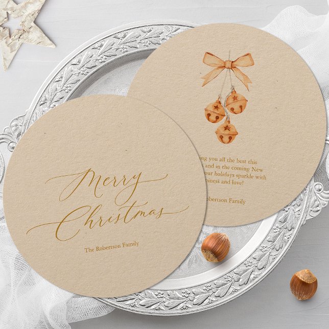 Round Christmas Card with Gold Script and Bells (Creator Uploaded)