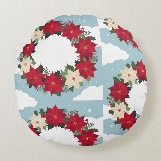 Round Christmas Floral Throw Pillow (Front)