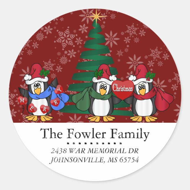 Round Christmas Penguins Address Labels (Front)