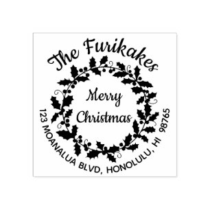 Round Christmas Return Address Rubber Stamp Wreath