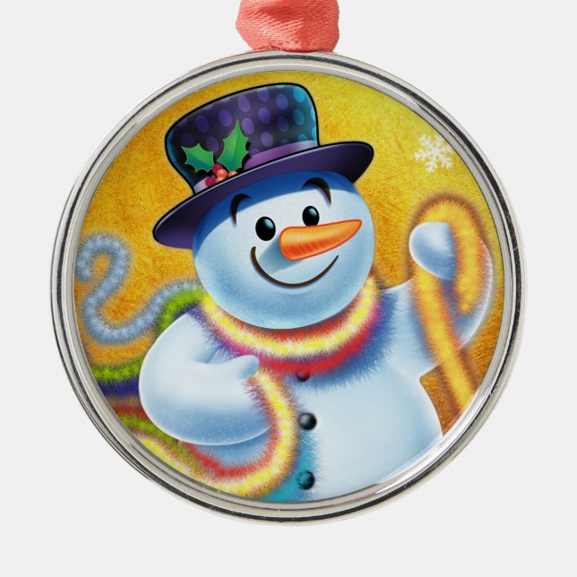 Round Christmas tree decoration Snowman & tinsel. (Front)