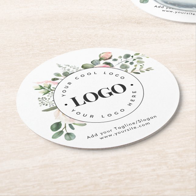 Round Circle Custom Company Logo Floral Greenery  Paper Coaster (Angled)