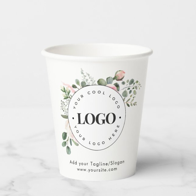 Round Circle Custom Company Logo Floral Greenery  Paper Cups (Front)