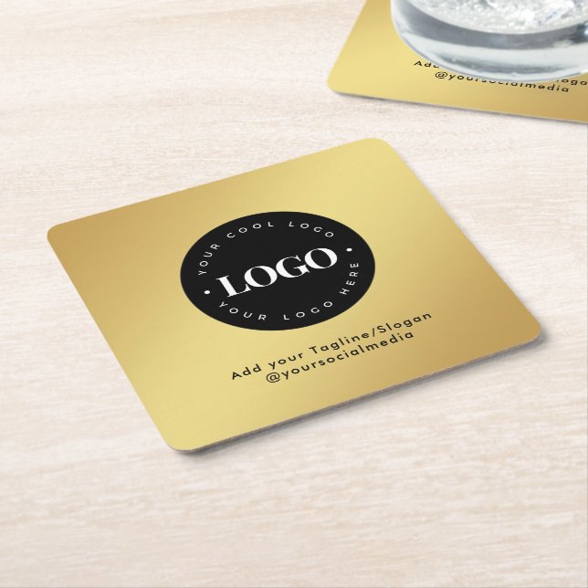 Round Circle Custom Company Logo Gold Gradient Square Paper Coaster (Angled)