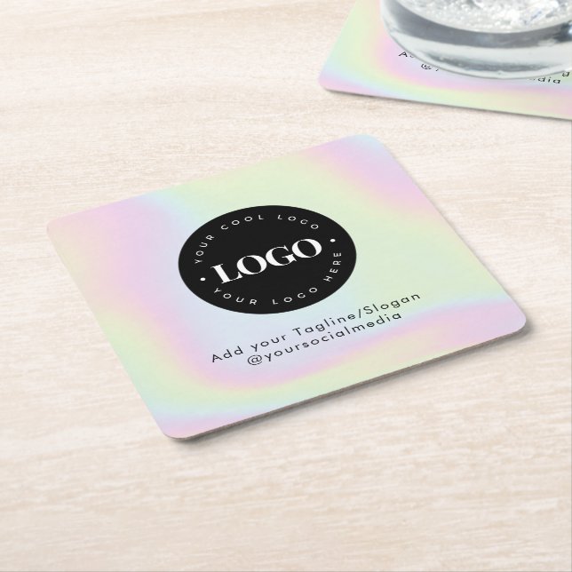Round Circle Custom Company Logo Holographic Style Square Paper Coaster (Angled)