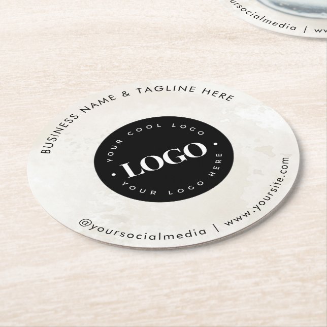 Round Circle Custom Company Logo Minimalist Marble Paper Coaster (Angled)