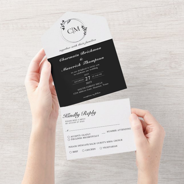 Round Classic Black And White Monogram Wedding All In One Invitation (Tearaway)