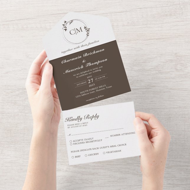 Round Classic Dark Brown Walnut Monogram Wedding All In One Invitation (Tearaway)