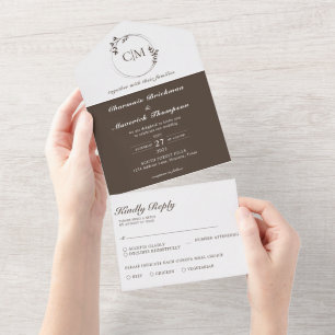 Round Classic Dark Brown Walnut Monogram Wedding All In One Invitation