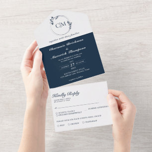 Round Classic Navy Blue Monogram Wedding All In One Invitation