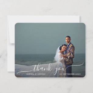 Round Corner Modern Photo Script Border Wedding Thank You Card