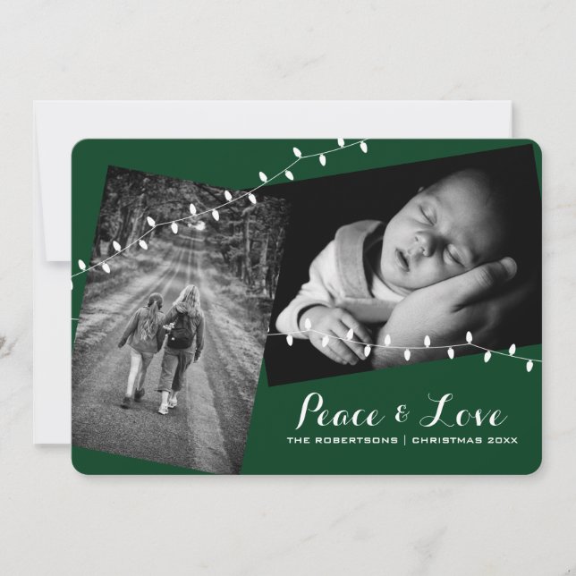 Round Corners Green Peace & Love Christmas Photos Holiday Card (Front)