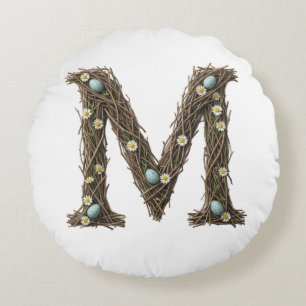 Round Cushion for Mom, Rustic Floral Letter M 