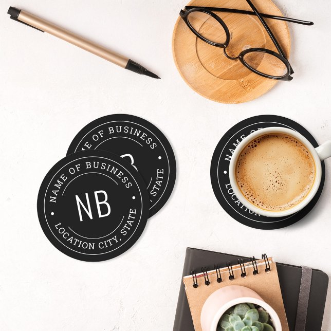 Round Custom Black Business Monogram Location Paper Coaster (Creator Uploaded)