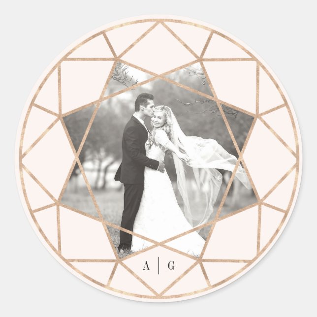 Round Diamond Geometric Chic Wedding Photo Classic Round Sticker (Front)