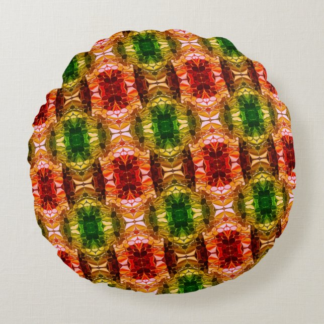 Round drawing generate red, green, and gold shapes pillow (Front)