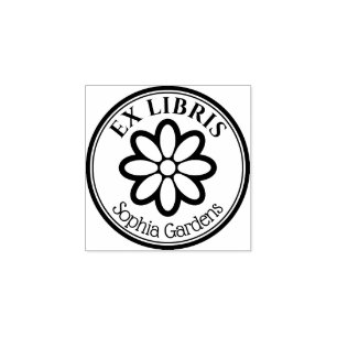 Round Ex Libris - 6 Petal Flower Rubber Stamp