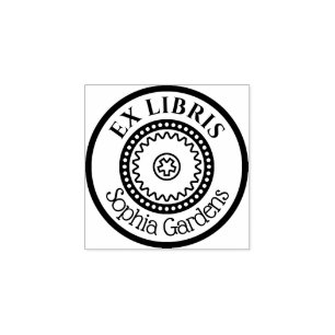 Round  Ex Libris Decorative - Gears Motif Rubber Stamp