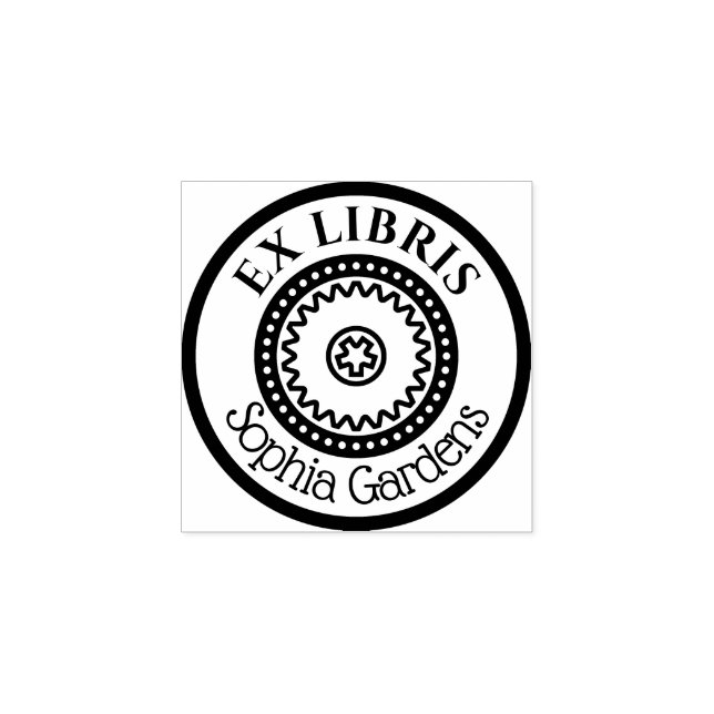 Round  Ex Libris Decorative - Gears Motif Rubber Stamp (Imprint)