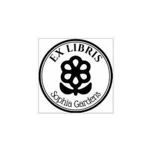 Round Ex Libris - Flower and Leaves Motif Rubber Stamp