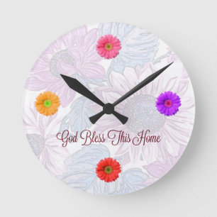 Round Floral Clock with "God Bless This Home" Text