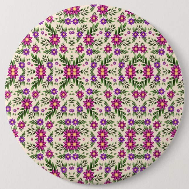 Round floral pattern with intricate purple  6 inch round button (Front)