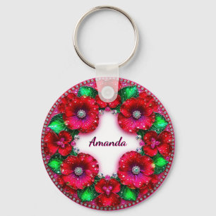 Round Floral Wreath with Red and Green Jewels Keychain