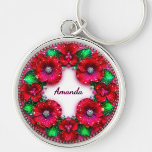 Round Floral Wreath with Red and Green Jewels Keychain