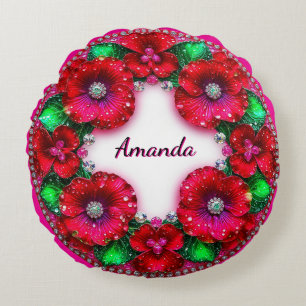 Round Floral Wreath with Red and Green Jewels Pillow