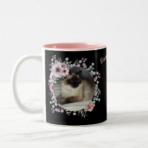 Round Flower Frame Pet Photo Template / Black Two-Tone Coffee Mug