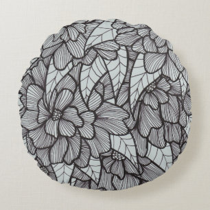 Round Flower Print Throw Pillow in Grey and Black