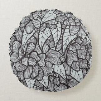 Round Flower Print Throw Pillow in Grey and Black