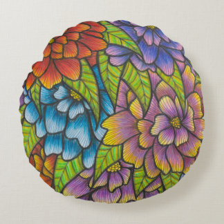 Round Flower Print Throw Pillow With Colourful Art
