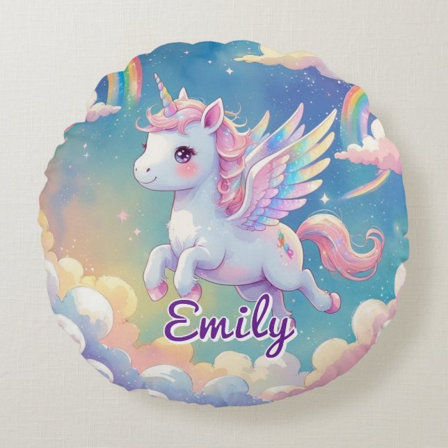 Round Flying Unicorn – Editable Name Pillow (Front)
