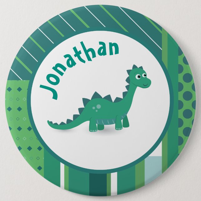 Round frame in gree/blue with cute dinosaur 6 inch round button (Front)