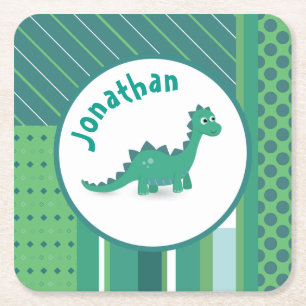 Round frame in gree/blue with cute dinosaur square paper coaster
