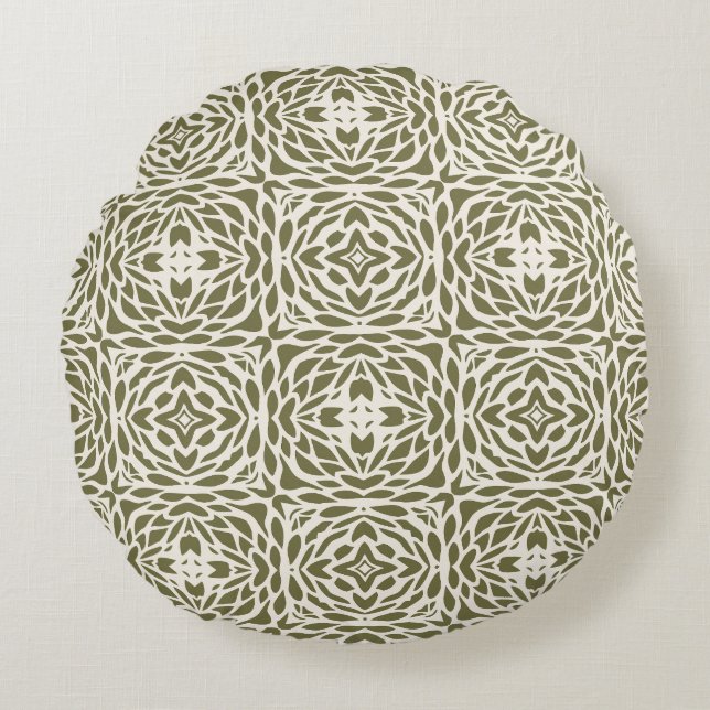 Round Geometric Olive Floral  Pillow (Front)