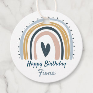 Round Gift Tags - Rainbow + Hearts Pastel Blue