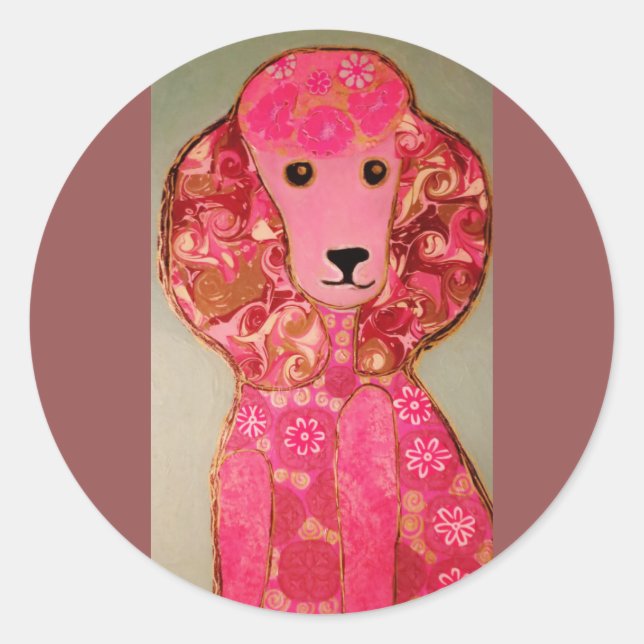 Round, Glossy Stickers with Pink Poodle Dog (Front)
