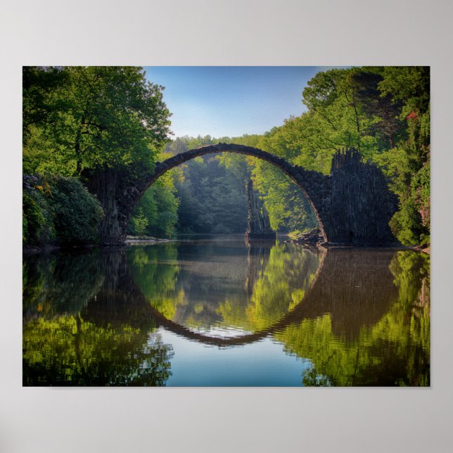 Round Gray Rock Bridge over a River in the Woods Poster (Front)