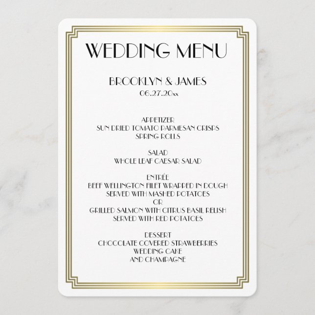 Round Great Gatsby Art Deco White Wedding Menu (Front)