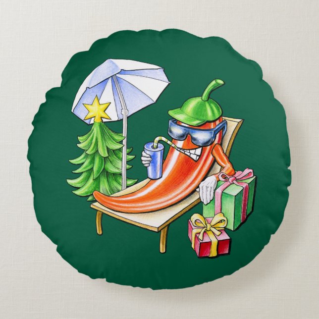 Round Green Funny Xmas Chilli Sunbathing Pillow (Front)