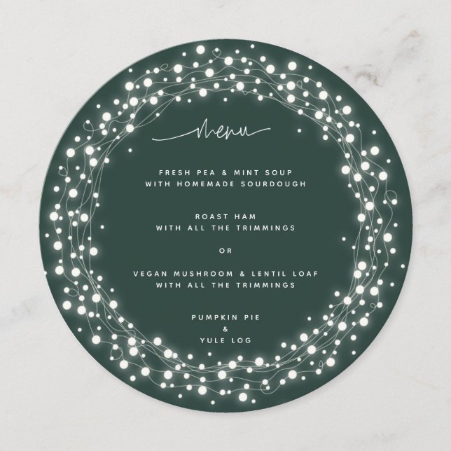Round Green Sparkling Lights Christmas Dinner Menu (Front)