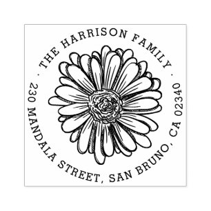 Round Hand-drawn Floral Family Name Return Address Rubber Stamp