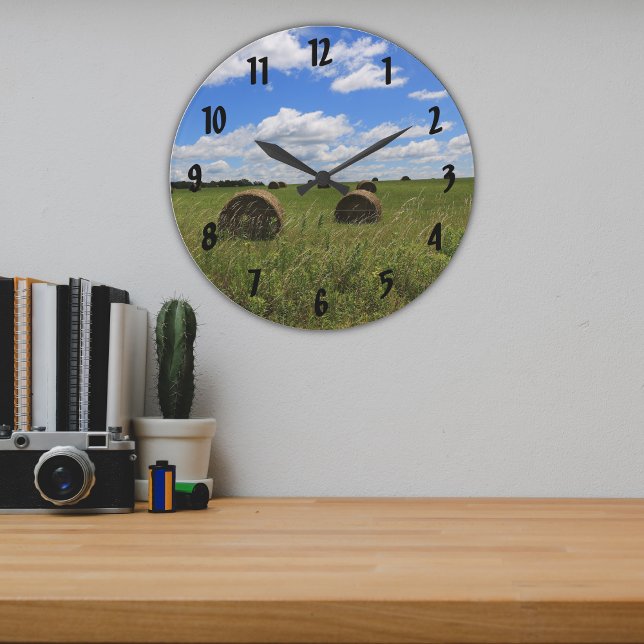 Round Hay Bales in a Farmers Summer Field Large Clock (Creator Uploaded)