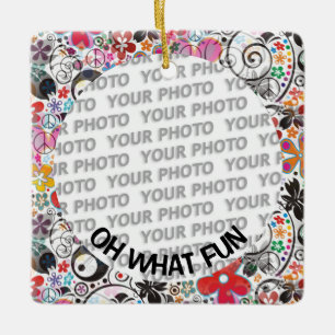 Round in Square Frame flower power 2 + your photo Ceramic Ornament