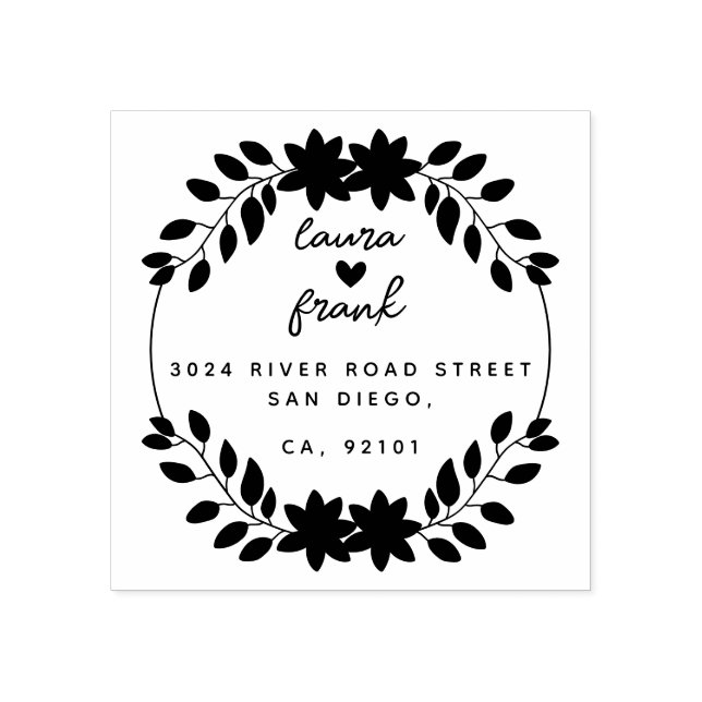 Round Leaves Couple Names Wedding Return Address Rubber Stamp (Imprint)