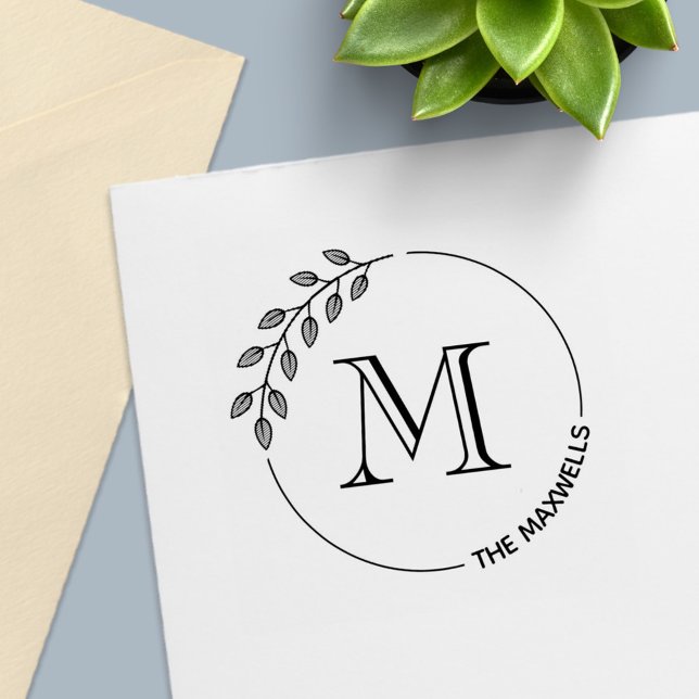 Round Leaves Wreath Monogram Initial Family Name Self-inking Stamp (Creator Uploaded)