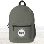 Round Logo Text Promotional Business Sage Green Printed Backpack<br><div class="desc">Add your own logo and choice of text to this design.  Remove the top or lower text if you prefer.  Minimalist and professional.  Great for a promotional product for your clients and customers. Your logo will be clipped to a white circle.  For other versions,  see the collection.</div>