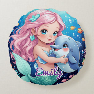 Round Mermaid & Dolphin Pillow – Personalized Gift